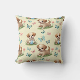 Almofada Cachorros e Borboletas em Aquarela Amarela