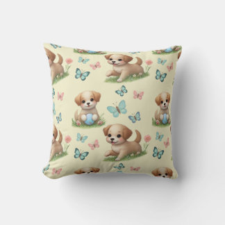 Almofada Cachorros e Borboletas em Aquarela Amarela