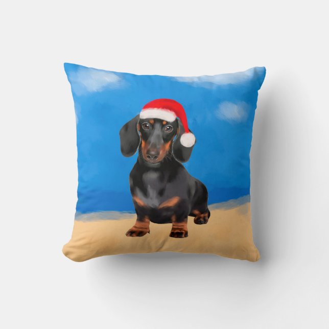 Almofada Cachshund No Chapéu De Natal Da Praia (Frente)