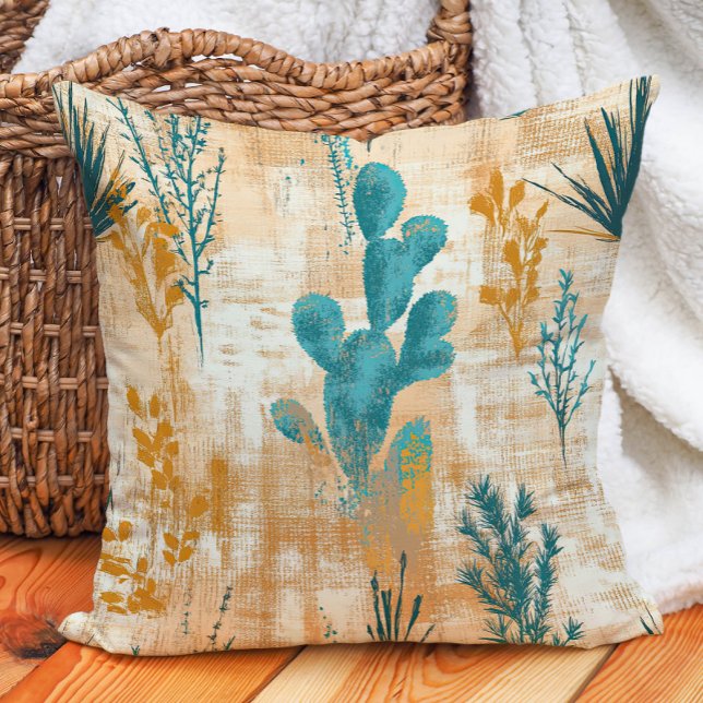 Almofada Cacto do Deserto Casa de Campo Rústica Bege Turque (Teal Taupe Rustic Farmhouse Desert Cactus Throw Pillow)