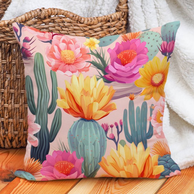 Almofada Cacto Rosa Laranja Amarelo Verde Deserto  (Cactus with pink and yellow floral pillow)