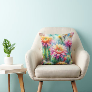 Almofada Cactos Suculentos de Flutuação de Aquarelas