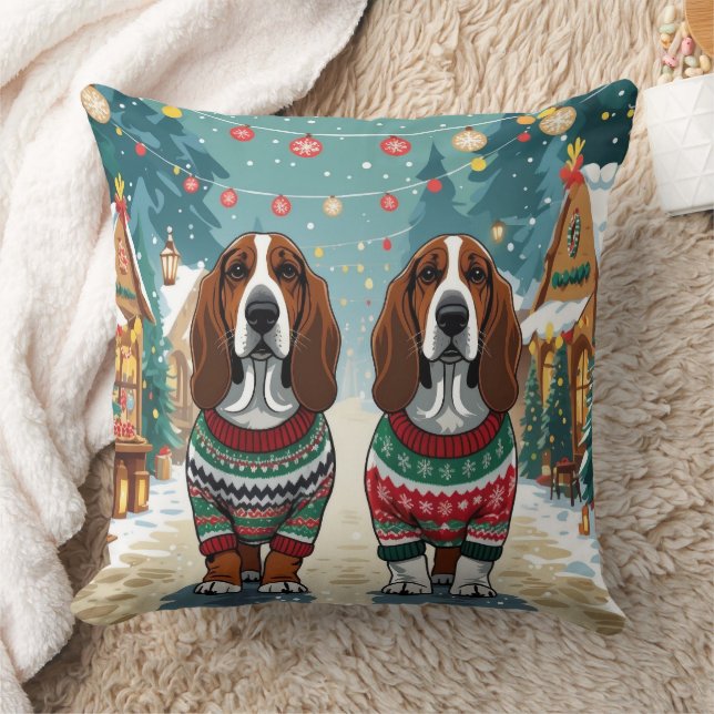 Almofada Cães Basset Hound Natal Neve Feriado (Cobertor)