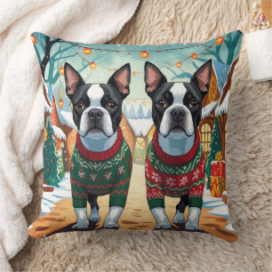 Almofada Cães Boston Terrier Natal Neve Férias