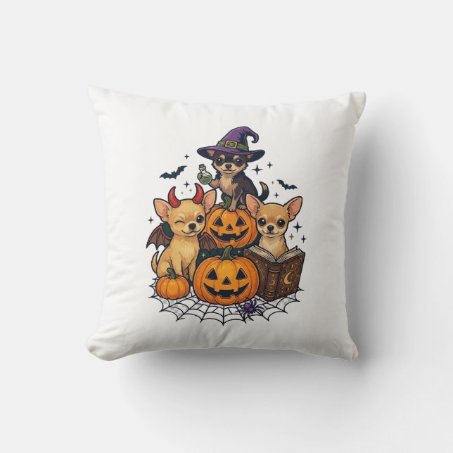 Almofada Cães Chihuahua de Halloween Abóboras Chapéu de Bru (Frente)