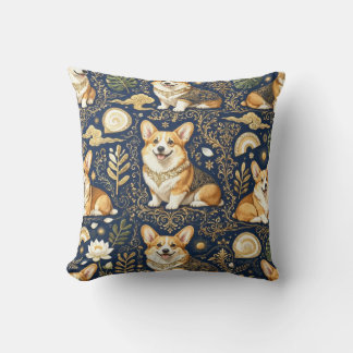 Almofada Cães Corgi Elegantes Padrão Damasco Dourado Azul N