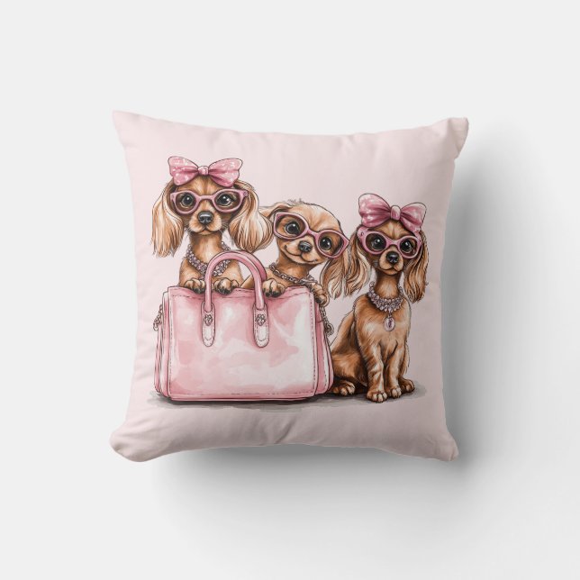 Almofada Cães de Dachshund Fashionáveis, Bolsa Rosa (Frente)