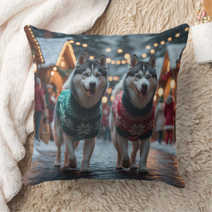 Almofada Cães Husky Siberiano Natal Neve Feriado 