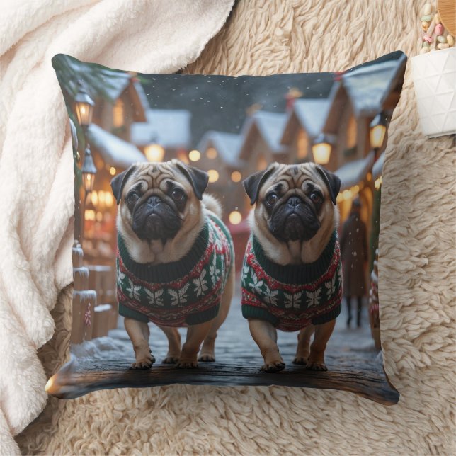 Almofada Cães Pug Natal Neve Férias (Cobertor)