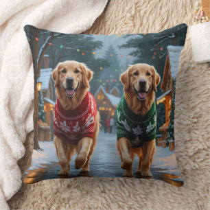 Almofada Cães Retriever Dourados Natal Neve Festa