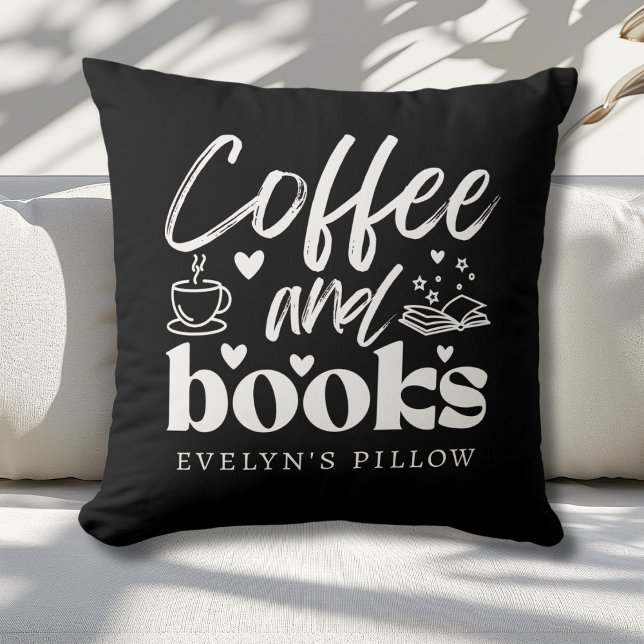 Almofada Café branco e preto-e-branco e sopros de livros pe (Criador carregado)