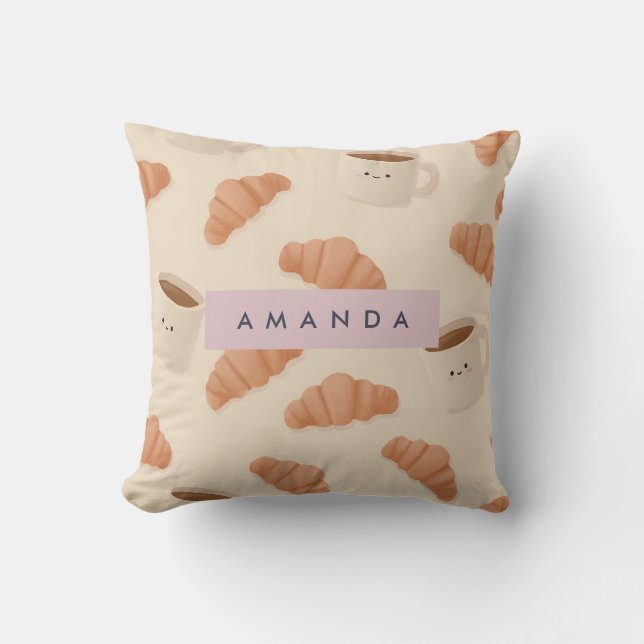 Almofada Café Croissante de Pastel Cuja Folha foi Personali (Frente)