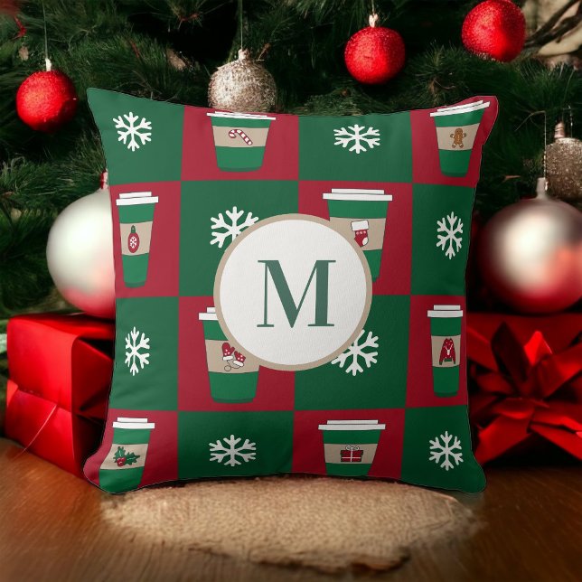 Almofada Café Natal Flocos de Neve Monograma de Férias de N (Criador carregado)