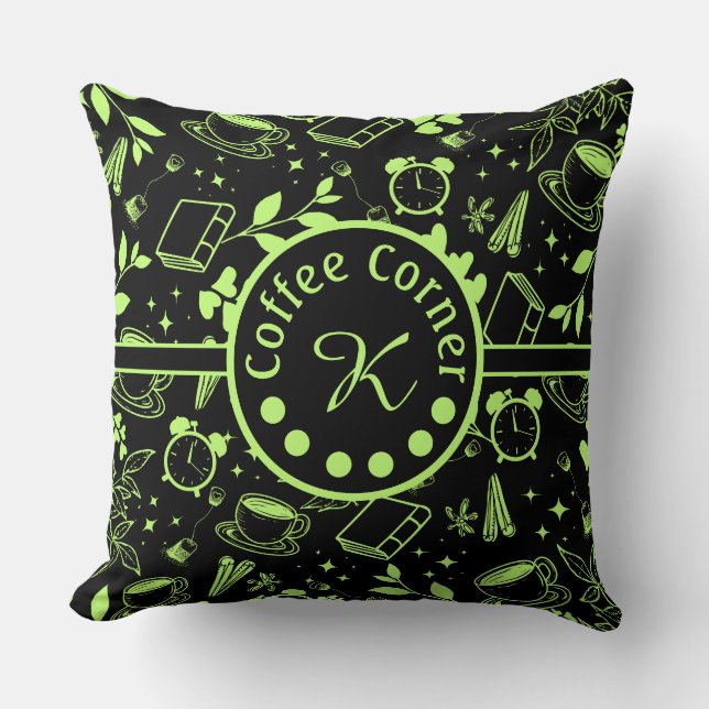 Almofada Cafeteira moderna de meio século verde (Frente)
