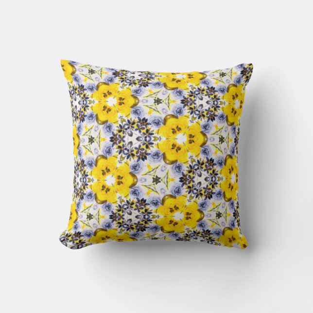 Almofada Caleidoscópio Floral em Amarelo, Azul, Cinza (Frente)