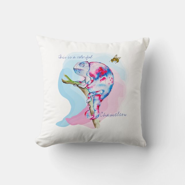 Almofada Camaleão e abelha coloridos brilhantes. (Frente)