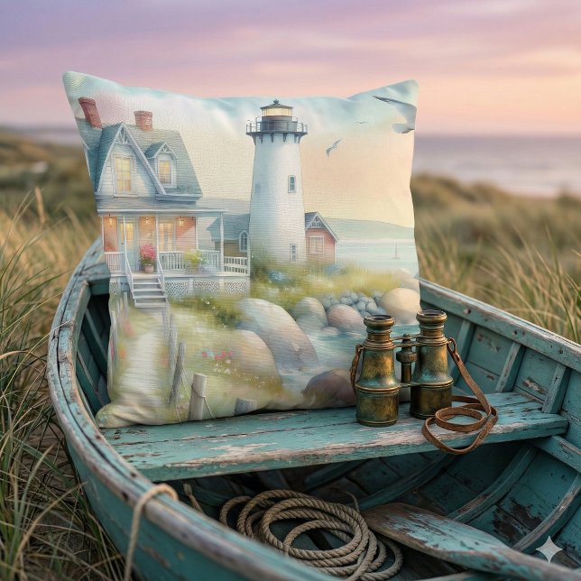 Almofada Caminho para a Algodão Costeiro do Farol (Pathway to the Lighthouse Coastal Cottage Throw Pillow Mockup A)