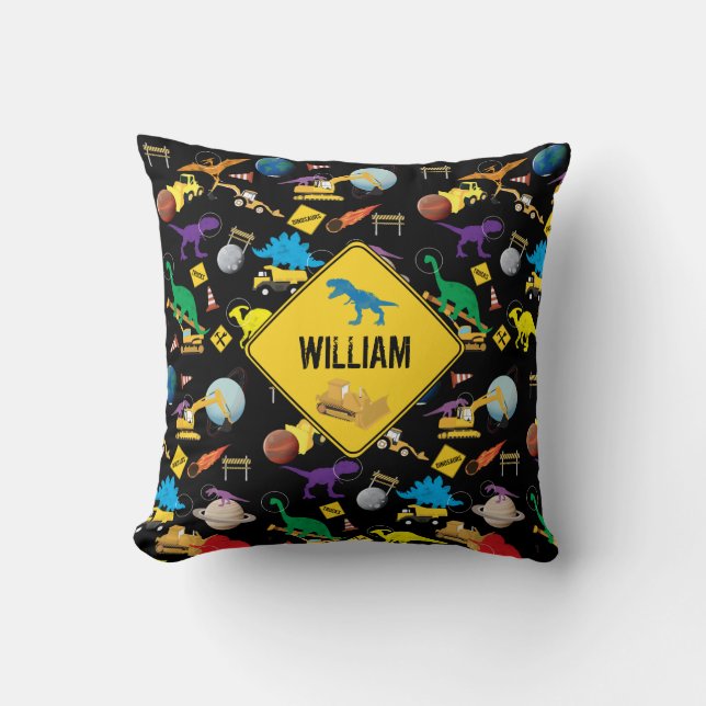 Almofada Caminhões de Construção Dinossauros no Espaço (Frente)