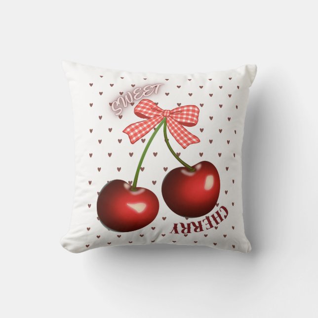 Almofada Camiseta Cute Coquette Cherry com Laço Xadrez Rosa (Frente)