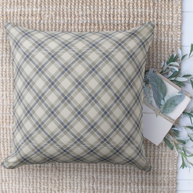 Almofada Campanha Moderna Castanho E Couro Azul (throw pillow farmhouse pillows country blue, beige and gray plaid throw pillow )