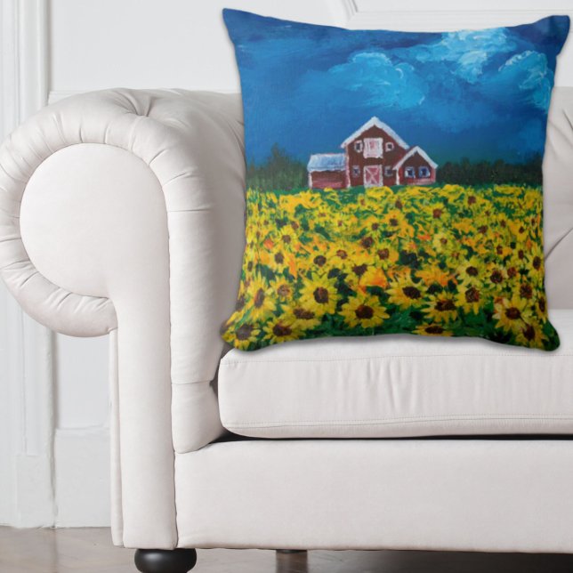 Almofada campo de girassol de verão do celeiro vermelho do  (western country red barn summer sunflower field throw pillow)