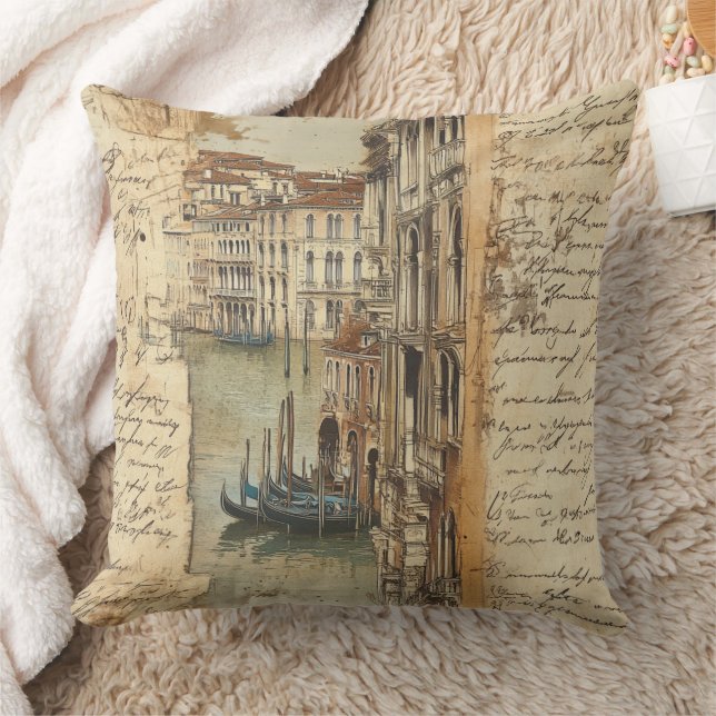 Almofada Canal de Veneza Vintage com Script Manuscrito (Cobertor)