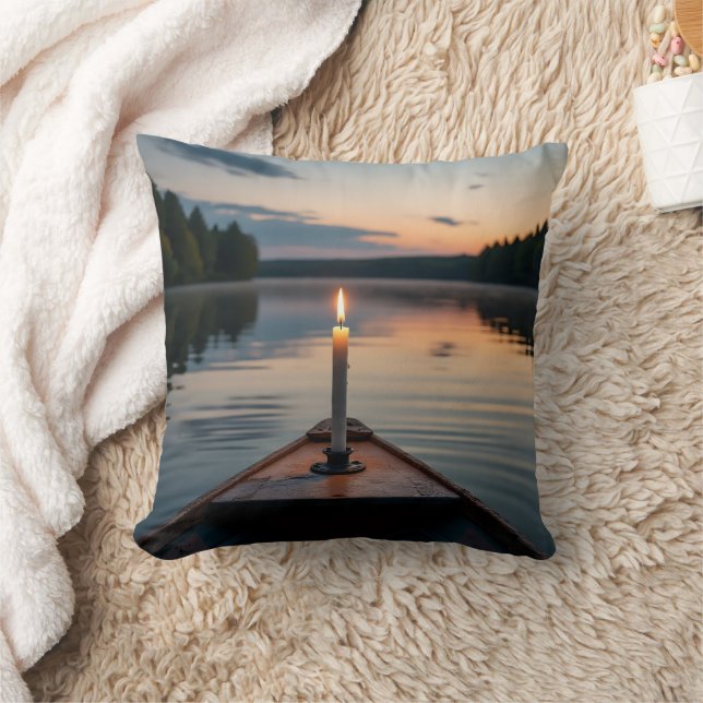 Almofada Candle Light on Boat at Sunset Lake (Cobertor)