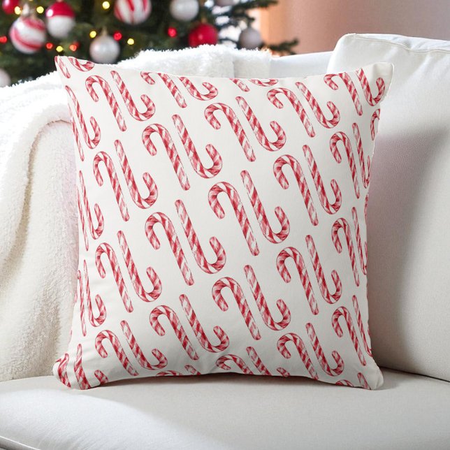 Almofada Candy Cane - Padrão Vermelho Branco Molhado Natal (Candy Cane Pattern Red White Watercolor Chrismas Throw Pillow)