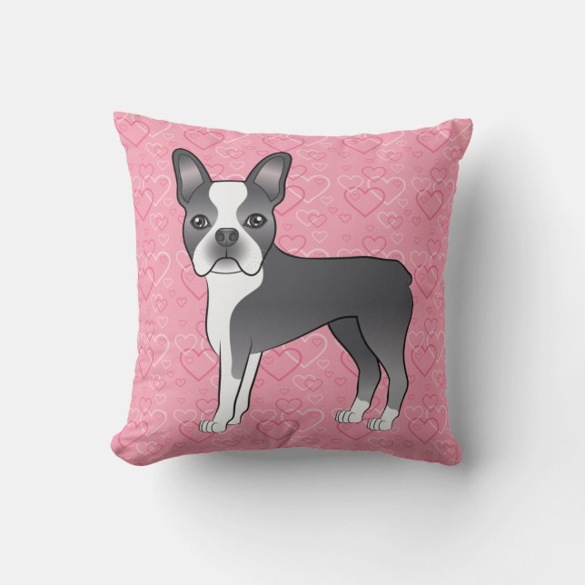 Almofada Cão Boston Terrier Azul e Branco em Corações Rosas (Frente)