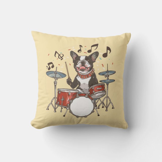 Almofada Cão Boston Terrier Tocando Bateria (Frente)