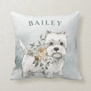 Almofada Cão Branco Cachorro com Flores Vestido