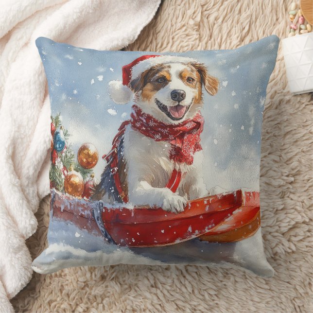 Almofada Cão Brittany Spaniel em Trenó de Natal (Cobertor)