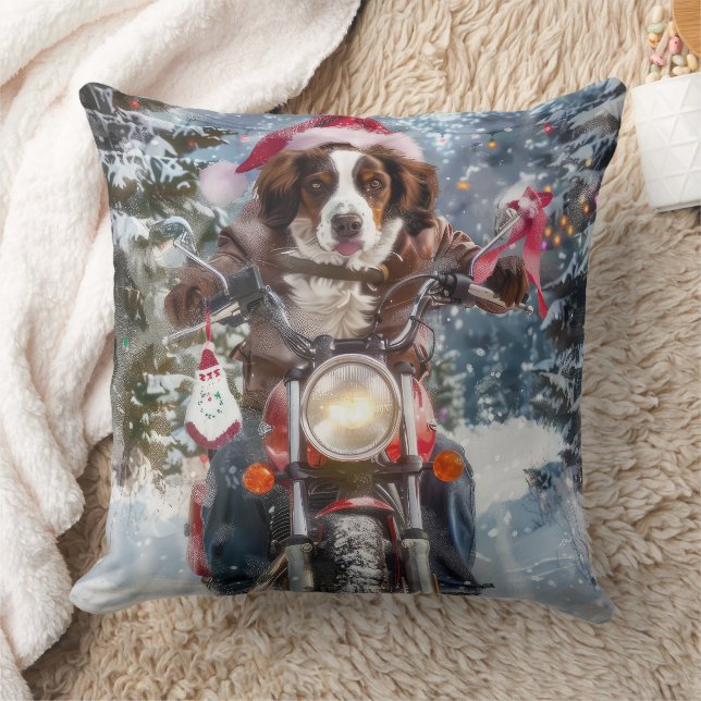 Almofada Cão Brittany Spaniel Pilotando Motocicleta Natal (Cobertor)