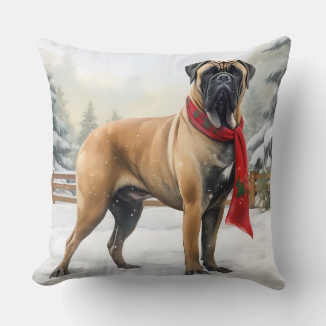 Almofada Cão Bullmastiff na Neve Natal (Frente)