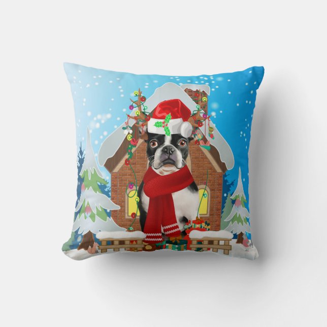 Almofada Cão de Boston Terrier com presentes de Natal (Frente)