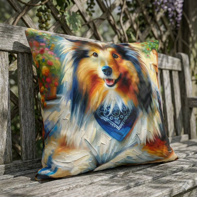 Almofada Cão de Pastoreio de Shetland em Cena de Jardim de  (Shetland Sheepdog in Cottage Garden Scene Throw Pillow Mockup A)