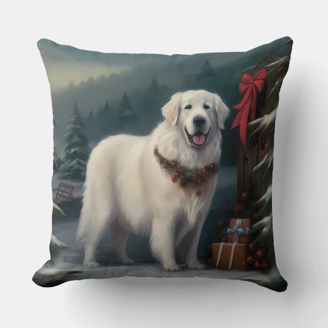 Almofada Cão Great Pyrenees na Neve Natal (Frente)