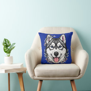 Almofada Cão Husky Siberiano E Flor de Laurel da Montanha
