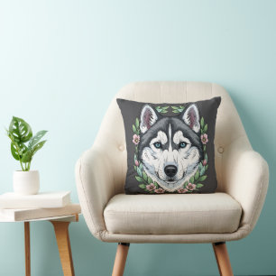 Almofada Cão Husky Siberiano E Flores De Laurel Da Montanha