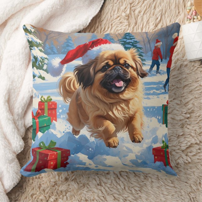 Almofada Cão Pequinês Correndo na Neve com Chapéu de Natal (Cobertor)