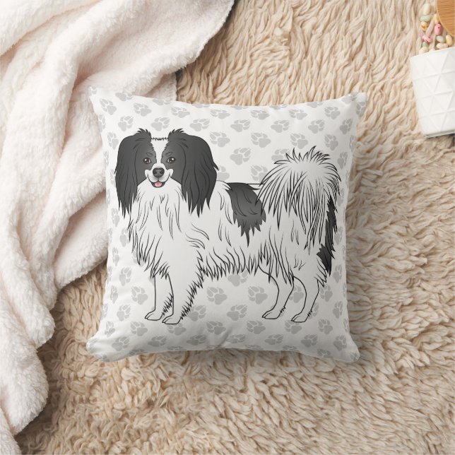 Almofada Cão Phalène Preto e Branco em Pegadas de Pata Cinz (Cobertor)