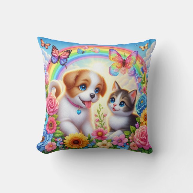 Almofada Cãozinho/cachimbo/arco-íris de gatinho (Frente)