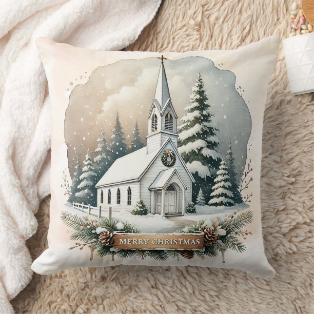 Almofada Capela de Neve à Noite | Cena de Natal brilhante (Cobertor)