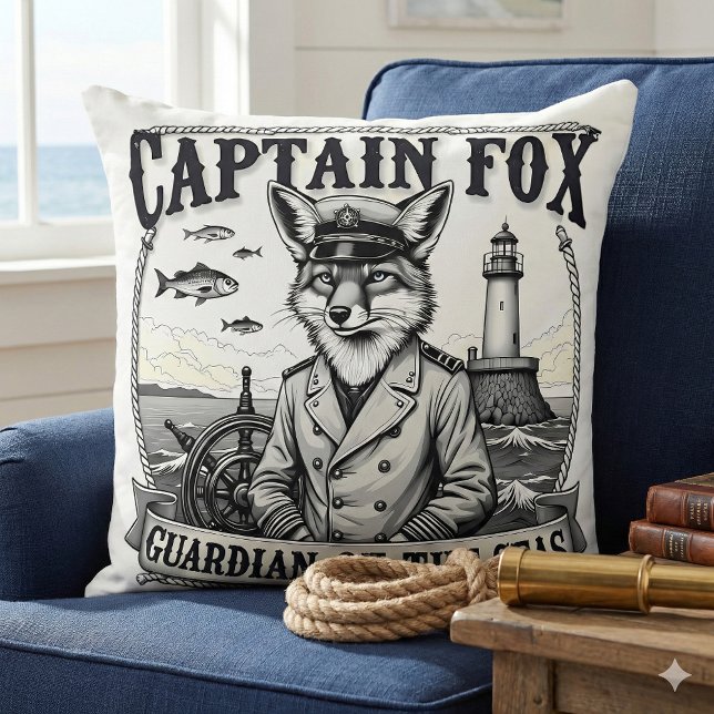 Almofada Capitão Fox Guardião do Mar Desenho Náutico (Captain Fox Guardian of Seas Nautical Design Throw Pillow Mockup A)
