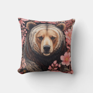 Almofada Captivando Flores Rosa Cinzentas De Urso Marrom