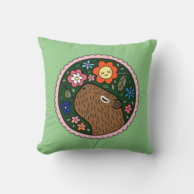 Almofada Capybara Graphic Cute capybara com flores  (Frente)