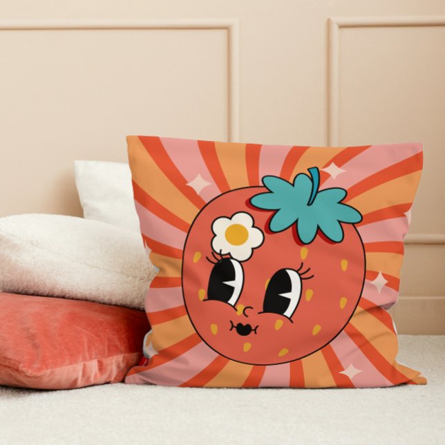 Almofada Caractere de Fruta Hippie 60s de Groovy Strawberry (Groovy Strawberry Fruit Character Hippie 60s Retro Throw Pillow college dorm room decor decoration)