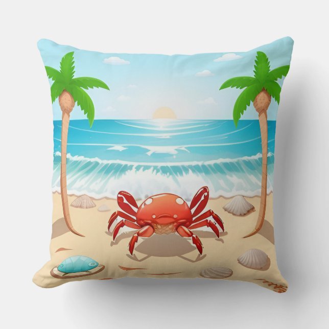 Almofada Caranguejo Colorido, Palmeiras e conchas (Frente)