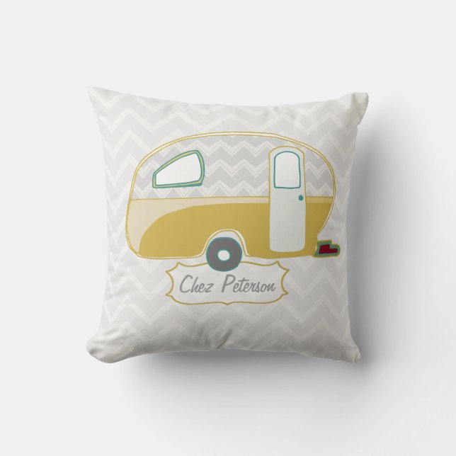 Almofada Caravana Retro Mostarda Verde e Cinza Chevron (Frente)
