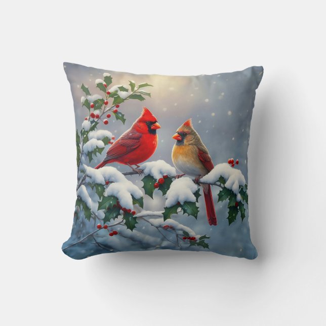Almofada Cardeais-vermelhos e Azevinho na Neve (Frente)